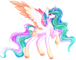 Size: 4902x3888 | Tagged: safe, artist:damayantiarts, princess celestia, alicorn, pony, g4, colored wings, curved horn, ethereal mane, ethereal tail, female, freckles, gradient hooves, gradient wings, horn, looking at you, mare, raised hoof, solo, spread wings, unshorn fetlocks, wings