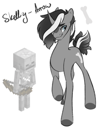 Size: 1387x1665 | Tagged: safe, artist:damayantiarts, oc, oc only, oc:skelly-arrow, pony, unicorn, bone, bow (weapon), hair over one eye, minecraft, nonbinary, ponified, raised hoof, skeleton, slender, solo, thin