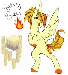 Size: 1486x1640 | Tagged: safe, artist:damayantiarts, oc, oc only, oc:lightning blaze, pegasus, pony, blaze (minecraft), fiery mane, fiery tail, hair over one eye, minecraft, ponified, solo, tongue out