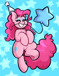 Size: 1592x2048 | Tagged: safe, artist:shyshyoctavia, pinkie pie, earth pony, pony, g4, balloon, bipedal, blue background, chest fluff, cute, diapinkes, ear fluff, eyeshadow, female, hat, hooves to the chest, makeup, mare, mouth hold, party hat, redraw, simple background, smiling, solo, stars