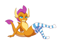Size: 8000x6000 | Tagged: safe, artist:chedx, smolder, dragon, g4, absurd resolution, clothes, crossed legs, dragoness, fangs, female, lidded eyes, simple background, sitting, socks, solo, stocking feet, stockings, striped socks, stupid sexy smolder, sultry pose, thigh highs, white background