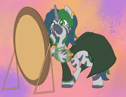 Size: 3300x2550 | Tagged: safe, artist:leadhooves, oc, oc only, oc:forest glade, hybrid, pony, zebra, zebracorn, zony, abstract background, belt, clothes, commission, detached sleeves, dress, ear piercing, heart eyes, high res, horn, mirror, open mouth, piercing, quadrupedal, raised hoof, solo, unshorn fetlocks, wingding eyes, zoomorphic