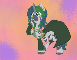Size: 3300x2550 | Tagged: safe, alternate version, artist:leadhooves, oc, oc only, oc:forest glade, hybrid, pony, zebra, zebracorn, zony, abstract background, belt, clothes, commission, detached sleeves, dress, ear piercing, heart eyes, high res, horn, open mouth, piercing, quadrupedal, raised hoof, solo, unshorn fetlocks, wingding eyes, zoomorphic