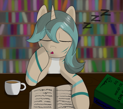 Size: 3400x3000 | Tagged: safe, artist:marbatra, derpibooru exclusive, oc, oc:sea foam, hybrid, original species, shark, shark pony, tiger shark, book, coffee, desk, eyes closed, fangs, high res, horn, library, onomatopoeia, open mouth, sleeping, sound effects, tiger shark pony, zzz