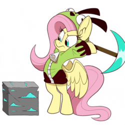 Size: 518x518 | Tagged: safe, artist:wutanimations, fluttershy, pegasus, pony, antonymph, cutiemarks (and the things that bind us), vylet pony, g4, animated, bipedal, clothes, crack, diamond ore, diamond pickaxe, eyes closed, fluttgirshy, gif, gir, gritted teeth, hoodie, invader zim, minecraft, mining, pickaxe, simple background, solo, spread wings, sweat, sweatdrops, two-frame gif, white background, wings, zipper