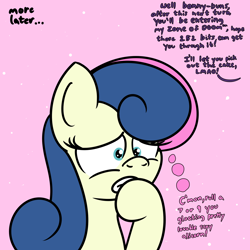 Size: 2000x2000 | Tagged: safe, artist:dafiltafish, bon bon, sweetie drops, earth pony, pony, comic:day by day, g4, dialogue, female, high res, implied oc:hedone, lesbian, nervous, solo, thoughts