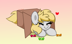 Size: 3412x2092 | Tagged: safe, artist:kittyrosie, derpy hooves, pegasus, pony, g4, blushing, box, candy, cute, derpabetes, eyes closed, food, happy, high res, pony in a box, smiling, solo