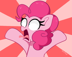 Size: 4463x3507 | Tagged: safe, artist:kittyrosie, pinkie pie, earth pony, pony, 28 pranks later, g4, cute, diapinkes, ear fluff, faic, open mouth, panic, scene interpretation, screaming, solo, sunburst background, tongue out