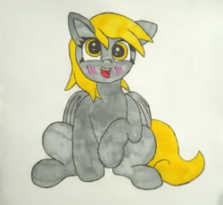 Size: 2224x2043 | Tagged: safe, artist:ingolf arts, derpy hooves, pegasus, pony, g4, cute, female, hair, high res, looking at you, mare, open mouth, open smile, simple background, sitting, smiling, solo, traditional art, wings