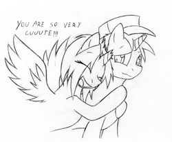 Size: 450x370 | Tagged: safe, artist:srmario, oc, oc only, oc:doctiry, alicorn, pony, alicorn oc, broken horn, duo, eyes closed, female, hat, horn, hug, lineart, male, mare, monochrome, simple background, smiling, stallion, talking, traditional art, white background, wings