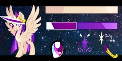 Size: 1003x505 | Tagged: safe, artist:goldlines005, oc, oc only, alicorn, pony, alicorn oc, base used, eyelashes, female, horn, jewelry, mare, offspring, parent:flash sentry, parent:twilight sparkle, parents:flashlight, reference sheet, smiling, stars, tiara, wings