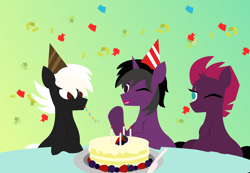 Size: 5838x4048 | Tagged: safe, artist:samsailz, tempest shadow, oc, pony, unicorn, g4, birthday, cake, food, happy, noisemaker, party