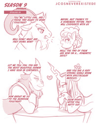 Size: 797x1024 | Tagged: safe, artist:jcosneverexisted, cozy glow, grogar, lord tirek, queen chrysalis, changeling, changeling queen, pegasus, pony, sheep, frenemies (episode), g4, dialogue, female, filly, foal, heart, looking at each other, male, monochrome, ram, redscale, season 9 doodles, ship:chrysirek, shipping, straight, text