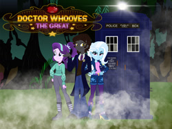 Size: 1280x960 | Tagged: safe, artist:orin331, artist:vanossfan10, doctor whooves, starlight glimmer, time turner, trixie, human, equestria girls, g4, doctor who, doctor whooves the great, everfree forest, humanized, tardis, time travel glimmer