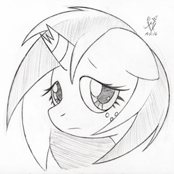 Size: 450x450 | Tagged: safe, artist:srmario, oc, oc only, oc:doctiry, pony, unicorn, broken horn, eyelashes, female, grayscale, horn, mare, monochrome, sad, solo, traditional art, unicorn oc