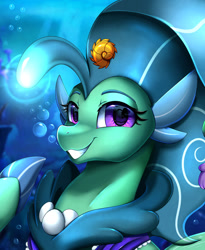 Size: 1280x1562 | Tagged: safe, artist:pridark, oc, oc only, oc:princess sealight, seapony (g4), beautiful, bioluminescent, blue background, blue mane, bubble, bust, commission, coral, crepuscular rays, cute, eye reflection, eyelashes, female, fin wings, fins, flowing mane, glowing, jewelry, lidded eyes, looking at you, necklace, ocean, pearl necklace, portrait, purple eyes, reflection, seashell, simple background, smiling, smiling at you, solo, sunlight, teeth, underwater, water, wings