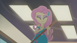 Size: 3410x1920 | Tagged: safe, screencap, fluttershy, equestria girls, g4, my little pony equestria girls: better together, so much more to me, broom, eyes closed, female, geode of fauna, hairpin, jewelry, magical geodes, necklace, smiling, solo