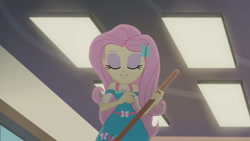 Size: 3410x1920 | Tagged: safe, screencap, fluttershy, equestria girls, g4, my little pony equestria girls: better together, so much more to me, broom, eyes closed, female, geode of fauna, hairpin, jewelry, magical geodes, necklace, smiling, solo