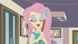 Size: 3410x1920 | Tagged: safe, screencap, fluttershy, equestria girls, g4, my little pony equestria girls: better together, so much more to me, broom, eyes closed, female, geode of fauna, hairpin, jewelry, magical geodes, necklace, open mouth, smiling, solo