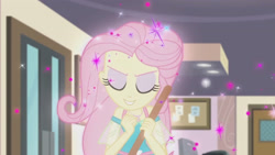 Size: 3410x1920 | Tagged: safe, screencap, fluttershy, equestria girls, g4, my little pony equestria girls: better together, so much more to me, broom, evil smile, eyes closed, eyeshadow, female, geode of fauna, grin, high res, jewelry, magical geodes, makeup, necklace, smiling, smirk, solo