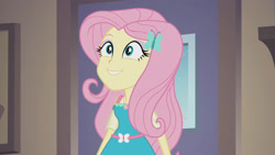 Size: 3410x1920 | Tagged: safe, screencap, fluttershy, equestria girls, g4, my little pony equestria girls: better together, so much more to me, belt, clothes, cute, cutie mark on clothes, dress, eyeshadow, female, fluttershy boho dress, geode of fauna, hairpin, jewelry, magical geodes, makeup, necklace, pink eyeshadow, pink hair, sleeveless, smiling, solo, teal eyes, yellow skin