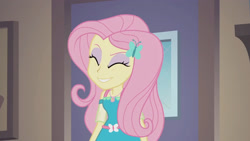 Size: 3410x1920 | Tagged: safe, screencap, fluttershy, equestria girls, g4, my little pony equestria girls: better together, so much more to me, eyes closed, female, geode of fauna, jewelry, magical geodes, necklace, smiling, solo