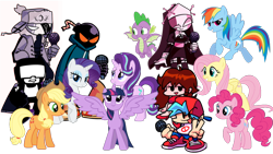 Size: 1280x720 | Tagged: safe, artist:fxmaf, applejack, fluttershy, pinkie pie, rainbow dash, rarity, spike, starlight glimmer, twilight sparkle, alicorn, dragon, earth pony, human, pegasus, pony, unicorn, g4, bomb, boyfriend (friday night funkin), bulgarian, cap, cowboy hat, crossover, cyrillic, female, flying, friday night funkin', girlfriend (friday night funkin), hat, horn, looking at each other, male, mane seven, mane six, microphone, non-mlp oc, nun, png, russian, ruv, sarvente, simple background, soldier, spread wings, tankmen, transparent background, twilight sparkle (alicorn), weapon, whitty, winged spike, wings