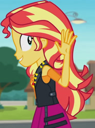 Size: 1920x2577 | Tagged: safe, screencap, sunset shimmer, equestria girls, g4, my little pony equestria girls: better together, so much more to me, clothes, cropped, cutie mark, cutie mark on clothes, female, geode of empathy, jacket, jewelry, leather, leather vest, magical geodes, necklace, shoulderless shirt, shrunken pupils, skirt, smiling, solo, spikes, vest, waving