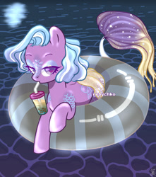 Size: 1280x1451 | Tagged: safe, artist:monster--teeth, oc, oc only, merpony, seapony (g4), blue mane, bubble, colored pupils, drinking, drinking straw, eyelashes, female, fish tail, floaty, inner tube, lidded eyes, looking at you, mermaid tail, moon, moonlight, ocean, purple eyes, reflection, signature, solo, tail, water