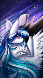 Size: 2000x3600 | Tagged: safe, artist:inspiredpixels, oc, oc only, oc:marie pixel, pegasus, pony, colored hooves, colored wings, crescent moon, female, flying, high res, mare, moon, night, night sky, sky, solo, spread wings, starry night, two toned wings, wings