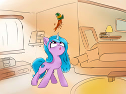 Size: 1600x1200 | Tagged: artist needed, safe, izzy moonbow, pony, unicorn, g5, beans, bookshelf, boombox, can, carpet, couch, drawer, female, food, izzy's beans, lamp, mare, solo, table, that pony sure does love beans, window