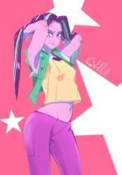 Size: 1400x2000 | Tagged: safe, artist:sozglitch, aria blaze, equestria girls, g4, belly button, clothes, disguise, disguised siren, female, jacket, jeans, looking at you, midriff, pants, pigtails, shirt, sleeveless, solo, stretching, twintails