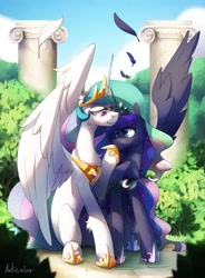 Size: 2480x3366 | Tagged: safe, artist:anticular, princess celestia, princess luna, alicorn, pony, g4, bedroom eyes, blue mane, boop, cloud, coloring book, cover art, crown, duo, ethereal mane, eyelashes, feather, female, flowing mane, green eyes, high res, hoof shoes, horn, jewelry, kickstarter, lidded eyes, long neck, mare, pink eyes, regalia, royal sisters, siblings, signature, sisters, sitting, sky, smiling, spread wings, starry mane, tree, wings