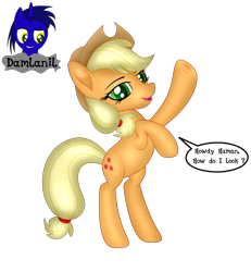 Size: 3840x4154 | Tagged: safe, alternate version, artist:damlanil, applejack, earth pony, pony, g4, applejack's hat, comic, cowboy hat, cute, female, frog (hoof), happy, hat, jackabetes, looking at you, mare, open mouth, raised hoof, shine, shiny mane, simple background, smiling, solo, speech bubble, talking to viewer, text, transparent background, underhoof, vector