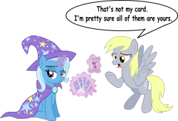 Size: 1644x1127 | Tagged: safe, artist:cinder vel, derpy hooves, trixie, twilight sparkle, g4, card, literal, magic trick, simple background, transparent background