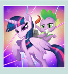 Size: 3375x3667 | Tagged: safe, artist:angela an, spike, twilight sparkle, alicorn, pony, g4, my little pony: the movie, abstract background, concept art, duckface, female, high res, male, mare, missing cutie mark, quill, twilight sparkle (alicorn)