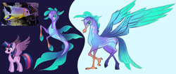 Size: 4544x1926 | Tagged: safe, artist:angela an, twilight sparkle, alicorn, fish, hippogriff, pony, seapony (g4), g4, my little pony: the movie, beak, blue eyes, claws, concept art, feather, female, fin wings, fins, fish tail, horn, mare, purple eyes, smiling, spread wings, tail, twilight sparkle (alicorn), wings
