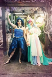 Size: 1364x2048 | Tagged: safe, artist:mieucosplay, artist:sarahndipity cosplay, princess celestia, princess luna, human, g4, babscon, babscon 2018, bare shoulders, clothes, cosplay, costume, holding hands, irl, irl human, photo, sleeveless, strapless