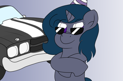 Size: 3509x2302 | Tagged: safe, artist:sparkfler85, derpibooru exclusive, oc, oc only, oc:n0kkun, pony, unicorn, birthday, car, chevrolet, chevrolet chevelle, female, hat, high res, mare, party hat, simple background, sunglasses