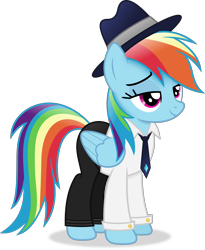 Size: 3936x4799 | Tagged: safe, artist:anime-equestria, rainbow dash, pegasus, pony, g4, clothes, fedora, female, hat, lidded eyes, mare, necktie, pants, simple background, smiling, solo, suit, transparent background, vector, wings