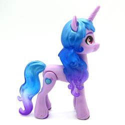 Size: 1536x1536 | Tagged: safe, photographer:imiya, izzy moonbow, pony, unicorn, g5, female, mare, merchandise, side view, simple background, solo, toy, white background