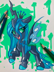Size: 2661x3563 | Tagged: safe, artist:breloomsgarden, artist:emberslament, queen chrysalis, changeling, changeling queen, g4, collaboration, colored pencil drawing, colored pencils, crown, fangs, female, high res, jewelry, open mouth, photo, quadrupedal, regalia, simple background, solo, traditional art, zoomorphic