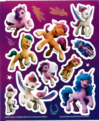 Size: 1480x1803 | Tagged: safe, hitch trailblazer, izzy moonbow, pipp petals, sunny starscout, zipp storm, earth pony, pegasus, pony, unicorn, g5, abstract background, bendon, female, gradient background, horseshoes, male, mane five, mare, merchandise, printable, royal sisters (g5), scan, siblings, sisters, stallion, stars, sticker, text