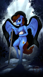 Size: 864x1536 | Tagged: safe, artist:calena, oc, oc only, oc:pegasusgamer, pegasus, pony, semi-anthro, arm hooves, cape, clothes, solo, swamp, sword, weapon