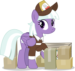 Size: 7934x7518 | Tagged: safe, artist:starcollider, appointed rounds, pegasus, pony, g4, absurd resolution, background pony, box, clothes, female, mailmare uniform, mare, package, raised hoof, simple background, smiling, solo, transparent background, uniform, vector