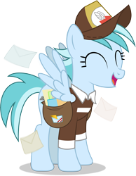 Size: 5792x7457 | Tagged: safe, artist:starcollider, rainy day, pegasus, pony, g4, ^^, absurd resolution, background pony, clothes, envelope, eyes closed, female, mail, mailmare uniform, mare, open mouth, open smile, package, raised hoof, simple background, smiling, solo, spread wings, transparent background, uniform, vector, wings