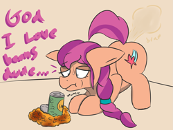 Size: 2087x1581 | Tagged: safe, artist:arrell, sunny starscout, earth pony, pony, g5, my little pony: a new generation, beans, butt, eating, face down ass up, fart, fart cloud, female, food, herbivore, izzy's beans, mare, plot, sketch, sweat, text