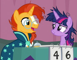 Size: 1165x911 | Tagged: safe, screencap, sunburst, twilight sparkle, alicorn, pony, unicorn, a trivial pursuit, g4, season 9, cropped, duo, female, male, mare, messy mane, stallion, twilight sparkle (alicorn)