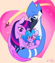 Size: 1606x1859 | Tagged: safe, artist:creeate97, izzy moonbow, twilight sparkle, alicorn, bird, blue jay, pony, unicorn, g4, g5, aeroplanes and meteor showers, crossover, crossover ship offspring, crossover shipping, female, g5 to g4, heart, hug, male, mare, mordecai, mordetwi, mother and child, mother and daughter, parent:twilight sparkle, plane, regular show, shipping, straight, twilight sparkle (alicorn), wat