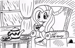 Size: 3532x2254 | Tagged: safe, artist:debmervin, fluttershy, pony, g4, chair, couch, high res, mouse hole, rain, solo, table, tea, teapot, traditional art, window